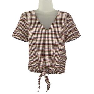 Madewell Multicolored Plaid Print Gingham Tie Front Short Sleeve Shirt Sm Women
